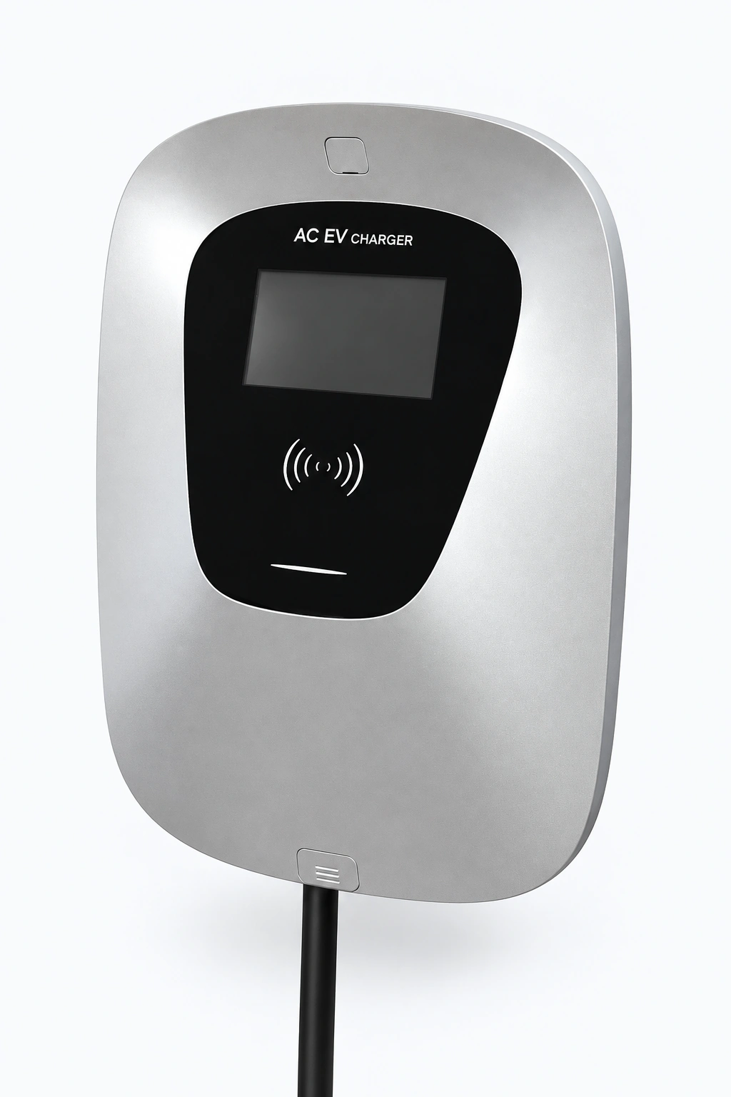 Studio-retouched AC EV charger showing its LCD display and RFID scanning area